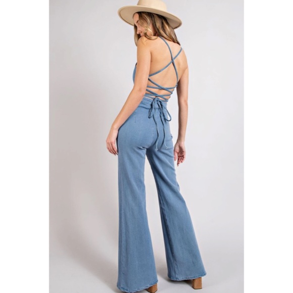 SOLD OUT Denim Blue Mineral Washed Solid Open Back Tie Boho Flared Jumpsuit - Picture 5 of 6
